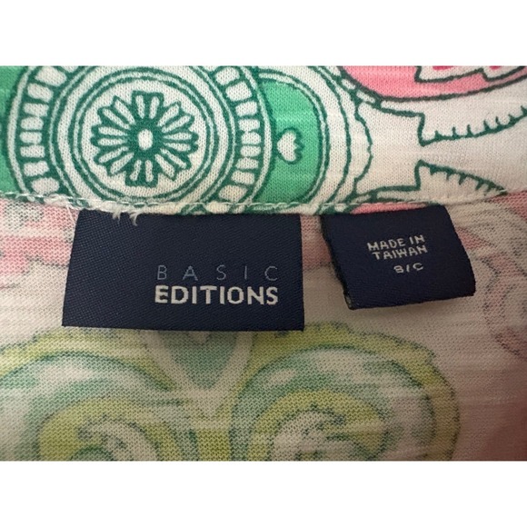 Basic Editions Green Pink Geometric Patterned V-Neck Blouse Size Small - Picture 3 of 4